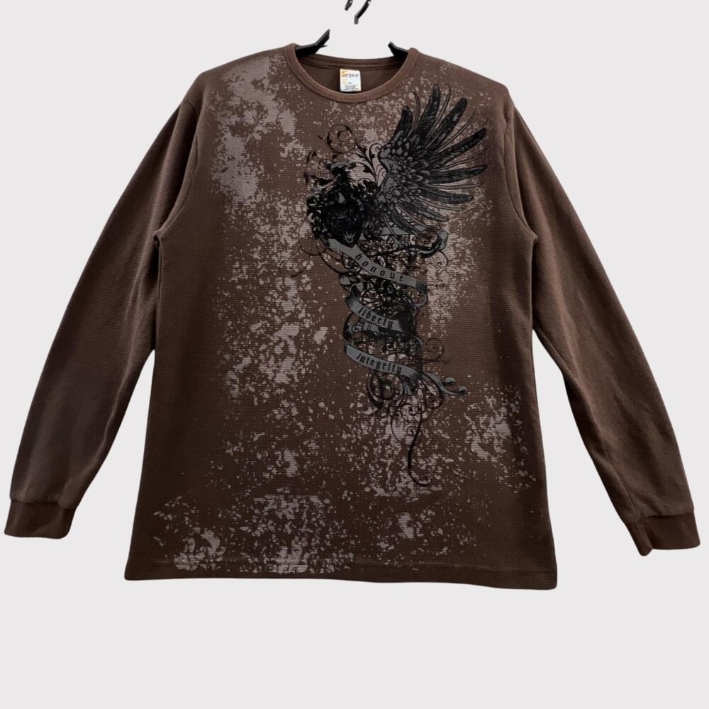 Vintage Y2K Thermal Shirt Mens XL Brown Wings Graphic Grunge Waffle Long Sleeve